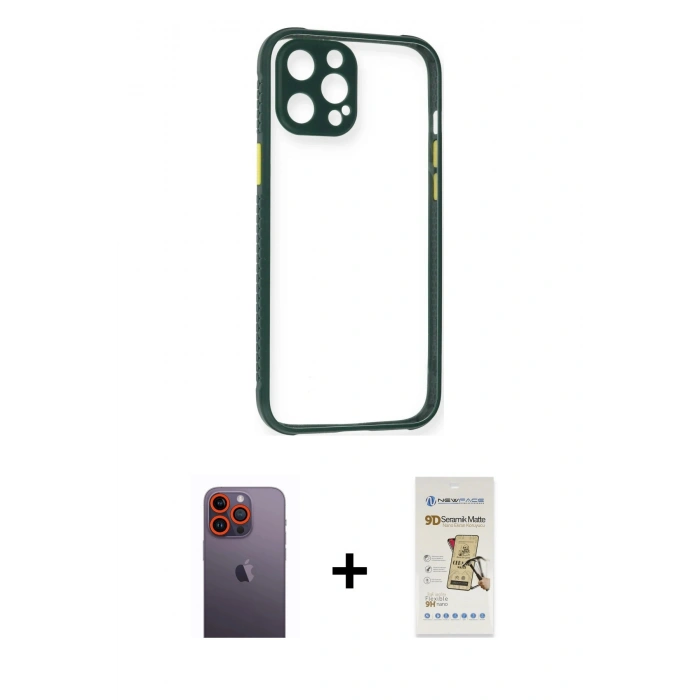 MARSİLYAN™- iPhone 12 Pro Max Kılıf Nova Asil Özel Seri - Siyah Mat Seramik Nano Ekran Koruyucu + Neon Fosforlu Kamera Lens - TU