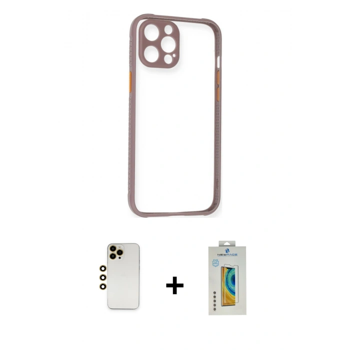 MARSİLYAN™- iPhone 12 Pro Max Kılıf Nova Asil Özel Seri - Siyah Polymer Nano Ekran Koruyucu + Gold Shine Kamera Lens