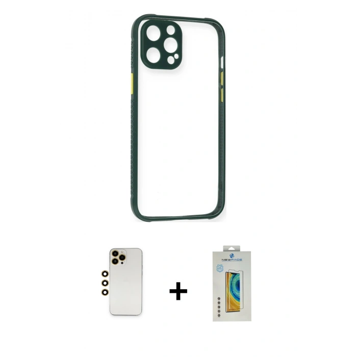 MARSİLYAN™- iPhone 12 Pro Max Kılıf Nova Asil Özel Seri - Siyah Polymer Nano Ekran Koruyucu + Gold Shine Kamera Lens