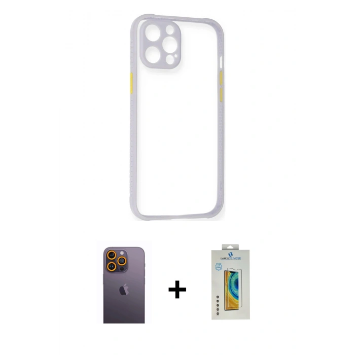 MARSİLYAN™- iPhone 12 Pro Max Kılıf Nova Asil Özel Seri - Siyah Polymer Nano Ekran Koruyucu + Neon Fosforlu Kamera Lens - SI