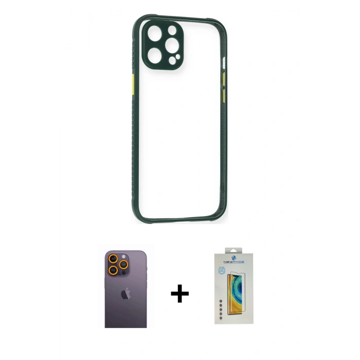MARSİLYAN™- iPhone 12 Pro Max Kılıf Nova Asil Özel Seri - Siyah Polymer Nano Ekran Koruyucu + Neon Fosforlu Kamera Lens - SI