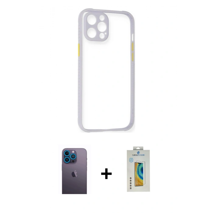 MARSİLYAN™- iPhone 12 Pro Max Kılıf Nova Asil Özel Seri - Siyah Polymer Nano Ekran Koruyucu + Neon Fosforlu Kamera Lens - MI