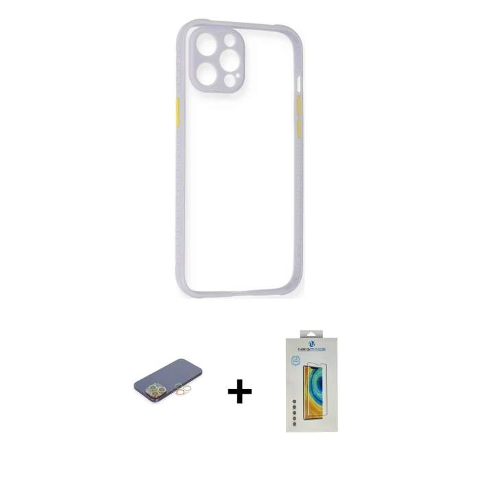MARSİLYAN™- iPhone 12 Pro Max Kılıf Nova Asil Özel Seri - Siyah Polymer Nano Ekran Koruyucu + Sarı Renkli Kamera Lens Koruma Cam