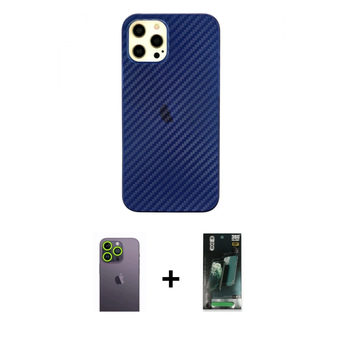 MARSİLYAN™- iPhone 12 Pro Max Kılıf Nova Çizgi - Şeffaf 360 Full Body Arka Koruyucu + Neon Fosforlu Kamera Lens - YL