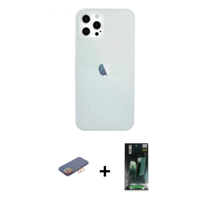 MARSİLYAN™- iPhone 12 Pro Max Kılıf Nova Çizgi - Şeffaf 360 Full Body Arka Koruyucu + Renkli Kamera Lens Koruma Cam - TU