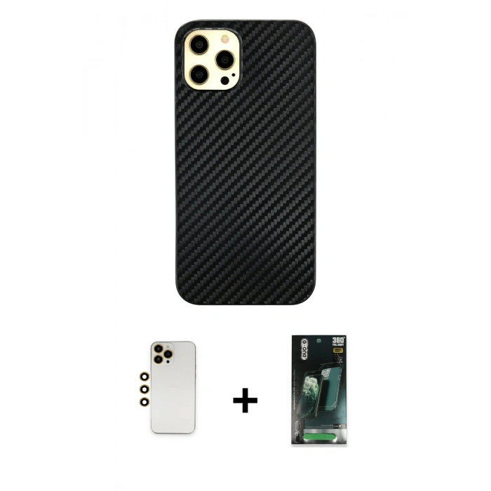 MARSİLYAN™- iPhone 12 Pro Max Kılıf Nova Çizgi - Şeffaf 360 Full Body Arka Koruyucu + Shine Kamera Lens - GD