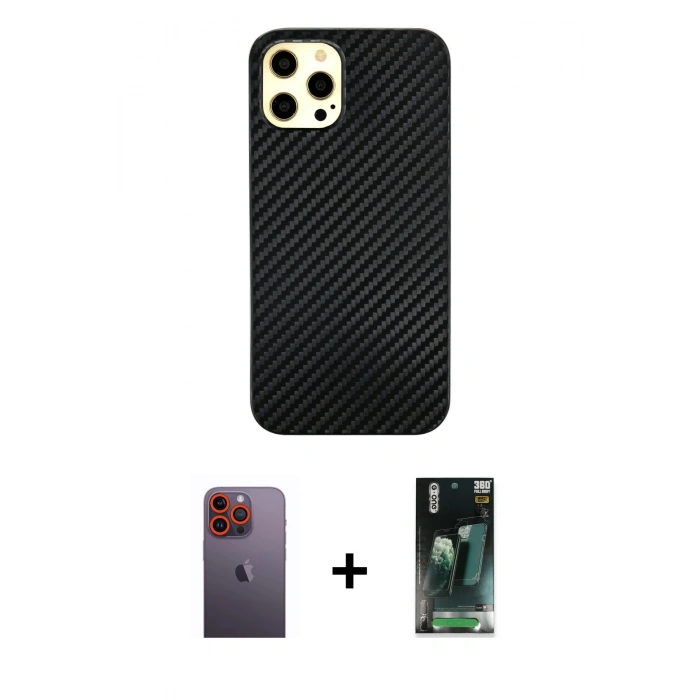 MARSİLYAN™- iPhone 12 Pro Max Kılıf Nova Çizgi - Şeffaf 360 Full Body Arka Koruyucu + Turuncu Neon Fosforlu Kamera Lens