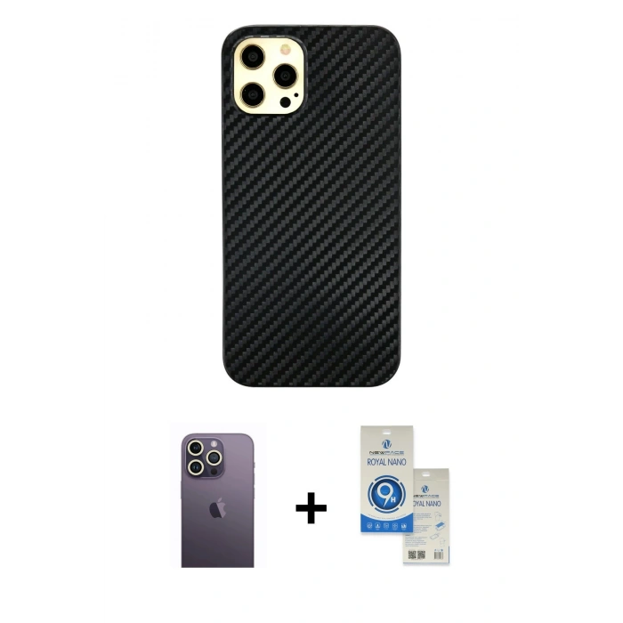 MARSİLYAN™- iPhone 12 Pro Max Kılıf Nova Çizgi - Şeffaf Royal Nano Ekran Koruyucu + Neon Fosforlu Kamera Lens - BZ
