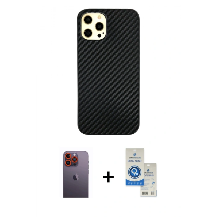 MARSİLYAN™- iPhone 12 Pro Max Kılıf Nova Çizgi - Şeffaf Royal Nano Ekran Koruyucu + Neon Fosforlu Kamera Lens - TU