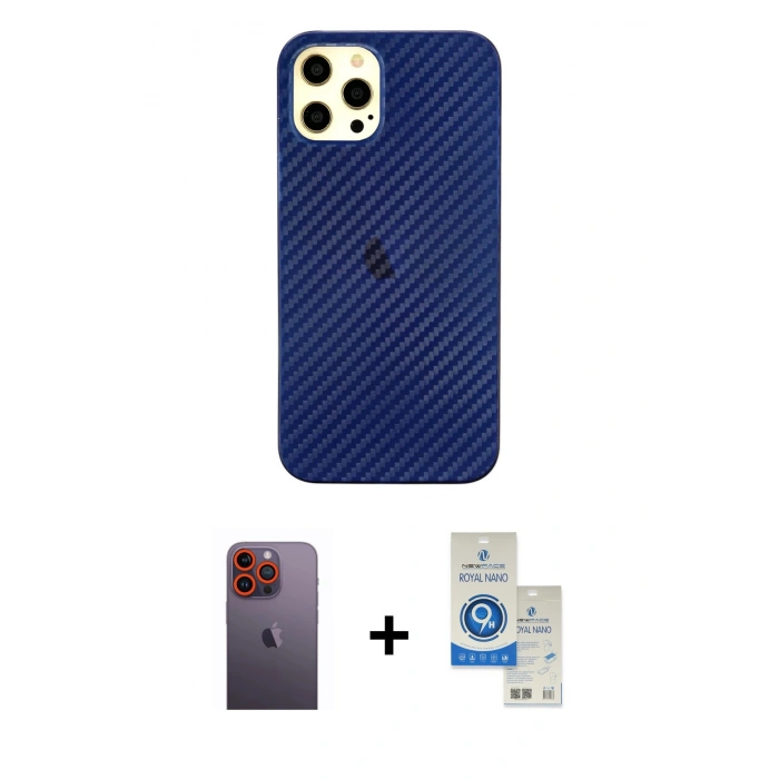 MARSİLYAN™- iPhone 12 Pro Max Kılıf Nova Çizgi - Şeffaf Royal Nano Ekran Koruyucu + Neon Fosforlu Kamera Lens - TU