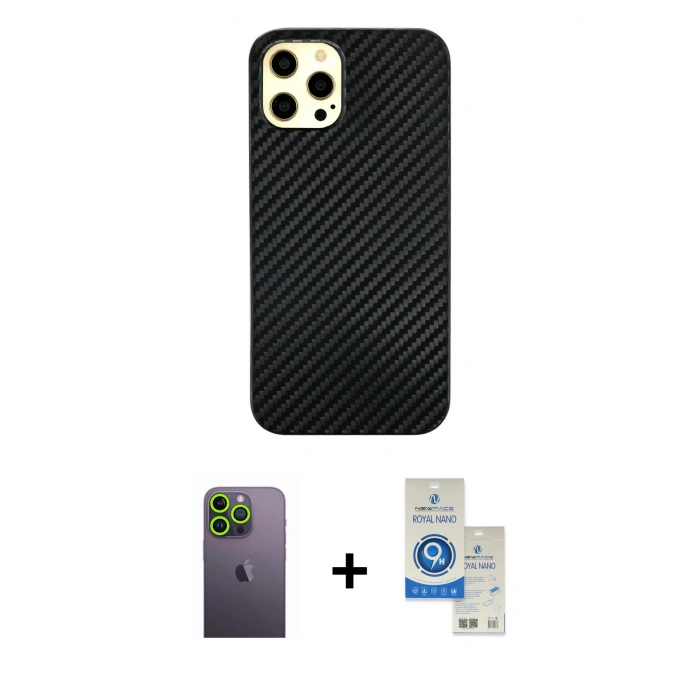MARSİLYAN™- iPhone 12 Pro Max Kılıf Nova Çizgi - Şeffaf Royal Nano Ekran Koruyucu + Yeşil Neon Fosforlu Kamera Lens