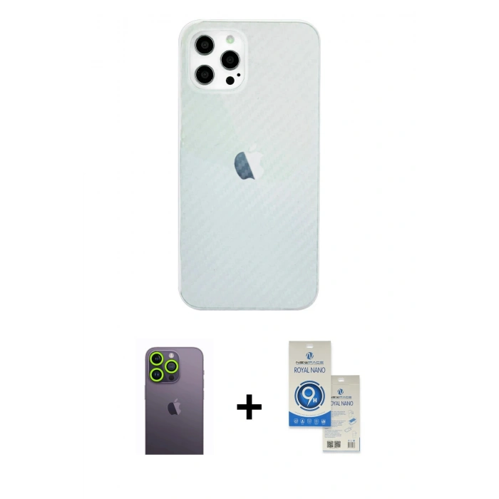 MARSİLYAN™- iPhone 12 Pro Max Kılıf Nova Çizgi - Şeffaf Royal Nano Ekran Koruyucu + Yeşil Neon Fosforlu Kamera Lens