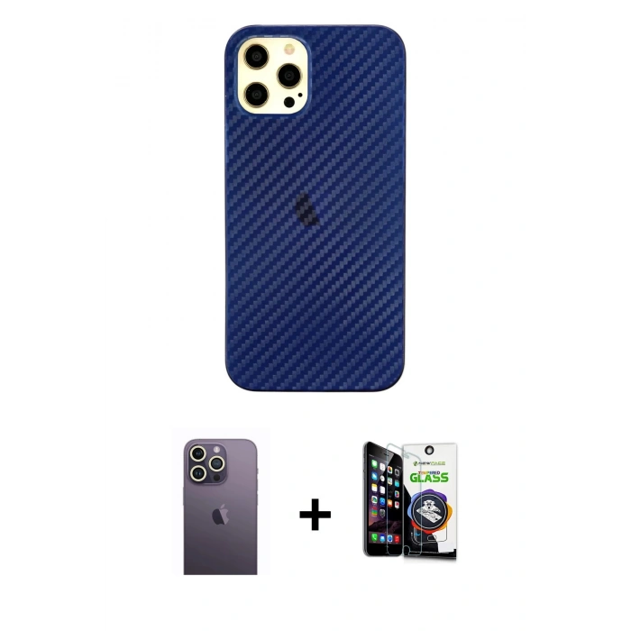 MARSİLYAN™- iPhone 12 Pro Max Kılıf Nova Çizgi - Şeffaf Temperli Cam Ekran Koruyucu + Neon Fosforlu Kamera Lens - BZ