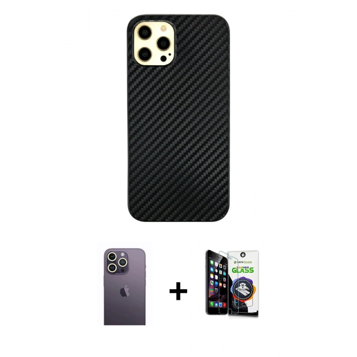 MARSİLYAN™- iPhone 12 Pro Max Kılıf Nova Çizgi - Şeffaf Temperli Cam Ekran Koruyucu + Neon Fosforlu Kamera Lens - BZ