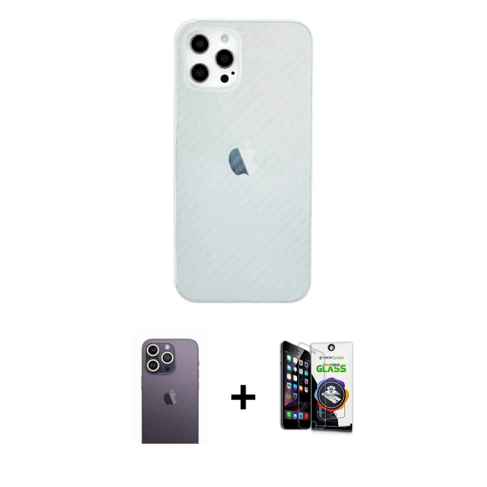 MARSİLYAN™- iPhone 12 Pro Max Kılıf Nova Çizgi - Şeffaf Temperli Cam Ekran Koruyucu + Neon Fosforlu Kamera Lens - BZ