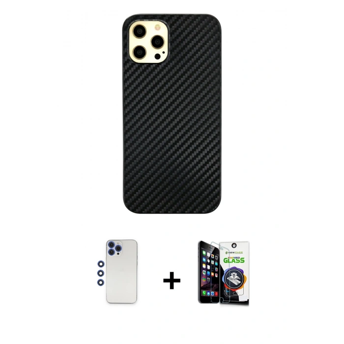 MARSİLYAN™- iPhone 12 Pro Max Kılıf Nova Çizgi - Şeffaf Temperli Cam Ekran Koruyucu + Lacivert Shine Kamera Lens