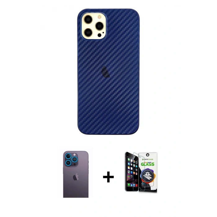 MARSİLYAN™- iPhone 12 Pro Max Kılıf Nova Çizgi - Şeffaf Temperli Cam Ekran Koruyucu + Neon Fosforlu Kamera Lens - MI