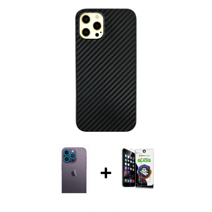 MARSİLYAN™- iPhone 12 Pro Max Kılıf Nova Çizgi - Şeffaf Temperli Cam Ekran Koruyucu + Neon Fosforlu Kamera Lens - MI