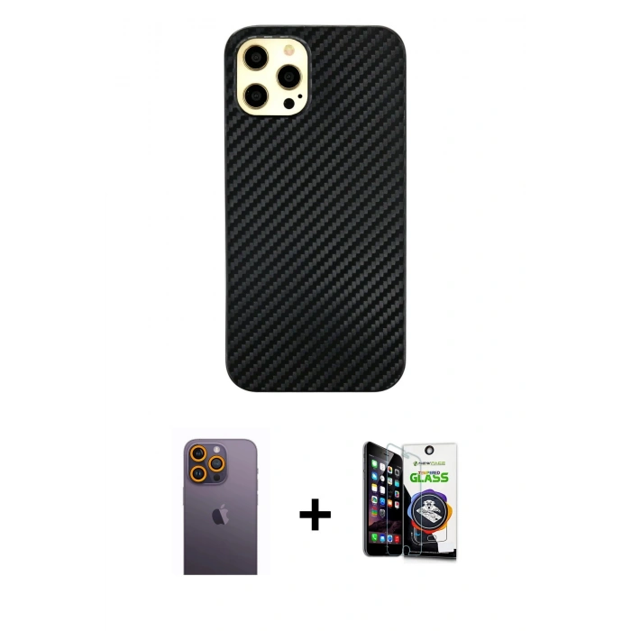 MARSİLYAN™- iPhone 12 Pro Max Kılıf Nova Çizgi - Şeffaf Temperli Cam Ekran Koruyucu + Sarı Neon Fosforlu Kamera Lens