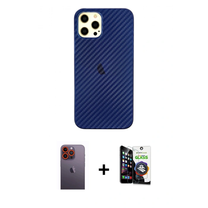 MARSİLYAN™- iPhone 12 Pro Max Kılıf Nova Çizgi - Şeffaf Temperli Cam Ekran Koruyucu + Neon Fosforlu Kamera Lens - TU