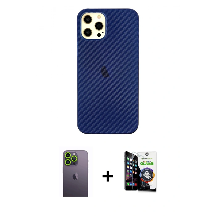 MARSİLYAN™- iPhone 12 Pro Max Kılıf Nova Çizgi - Şeffaf Temperli Cam Ekran Koruyucu + Neon Fosforlu Kamera Lens - YL