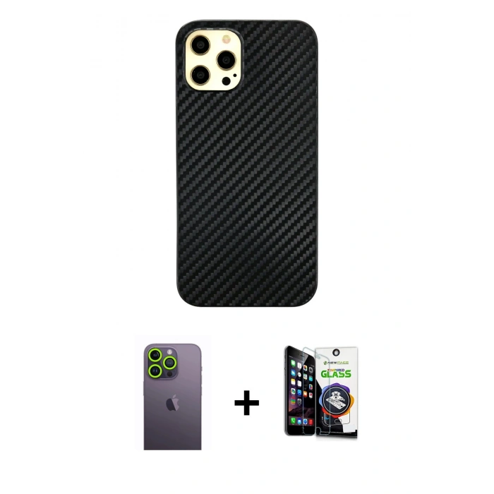 MARSİLYAN™- iPhone 12 Pro Max Kılıf Nova Çizgi - Şeffaf Temperli Cam Ekran Koruyucu + Neon Fosforlu Kamera Lens - YL