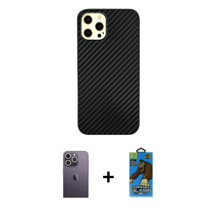MARSİLYAN™- iPhone 12 Pro Max Kılıf Nova Çizgi - Siyah 18D Cam Ekran Koruyucu + Neon Fosforlu Kamera Lens - BZ