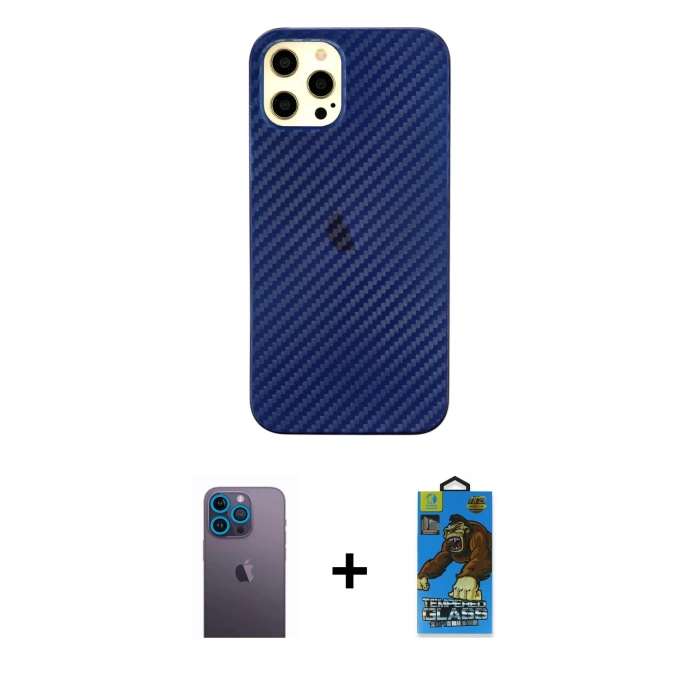 MARSİLYAN™- iPhone 12 Pro Max Kılıf Nova Çizgi - Siyah 18D Cam Ekran Koruyucu + Neon Fosforlu Kamera Lens - MI