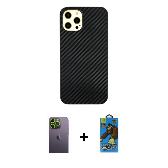 MARSİLYAN™- iPhone 12 Pro Max Kılıf Nova Çizgi - Siyah 18D Cam Ekran Koruyucu + Neon Fosforlu Kamera Lens - YL