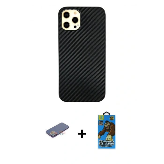 MARSİLYAN™- iPhone 12 Pro Max Kılıf Nova Çizgi - Siyah 18D Cam Ekran Koruyucu + Pembe Renkli Kamera Lens Koruma Cam