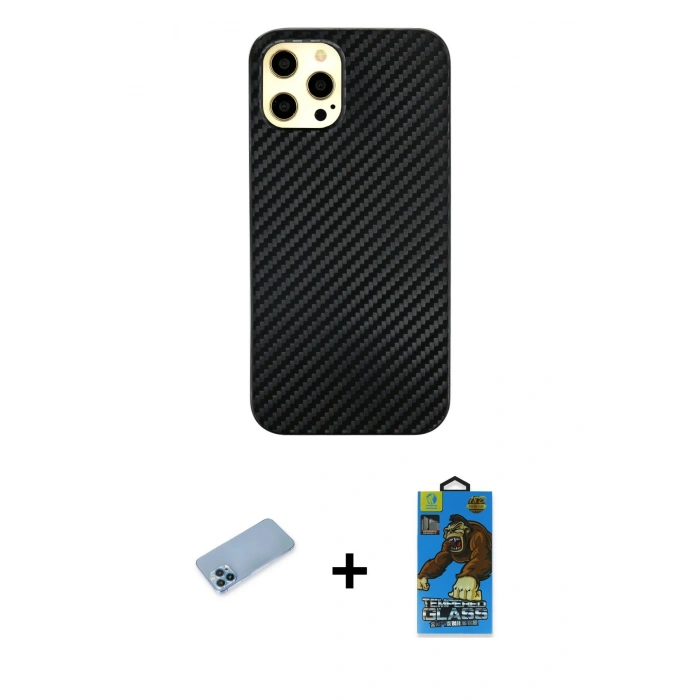 MARSİLYAN™- iPhone 12 Pro Max Kılıf Nova Çizgi - Siyah 18D Cam Ekran Koruyucu + Shine Kamera Lens Koruma Cam - MI