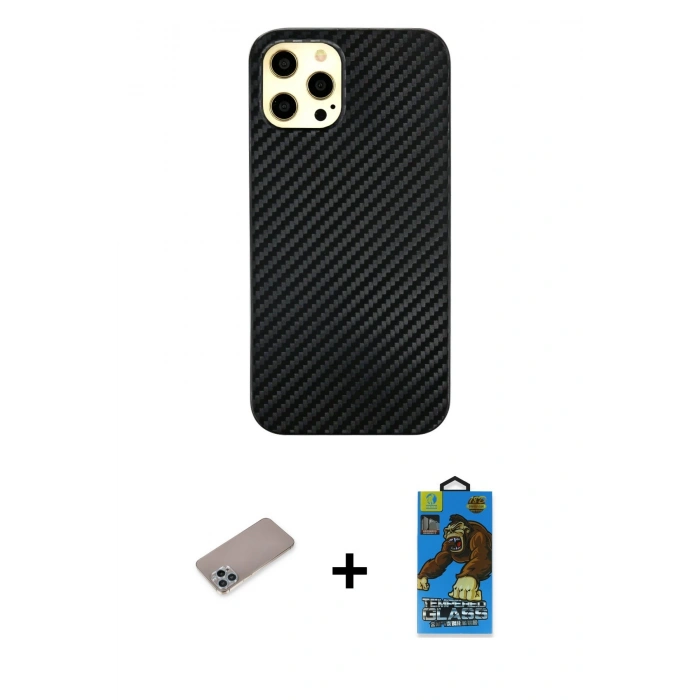 MARSİLYAN™- iPhone 12 Pro Max Kılıf Nova Çizgi - Siyah 18D Cam Ekran Koruyucu + Sierra Blue Shine Kamera Lens Koruma Cam