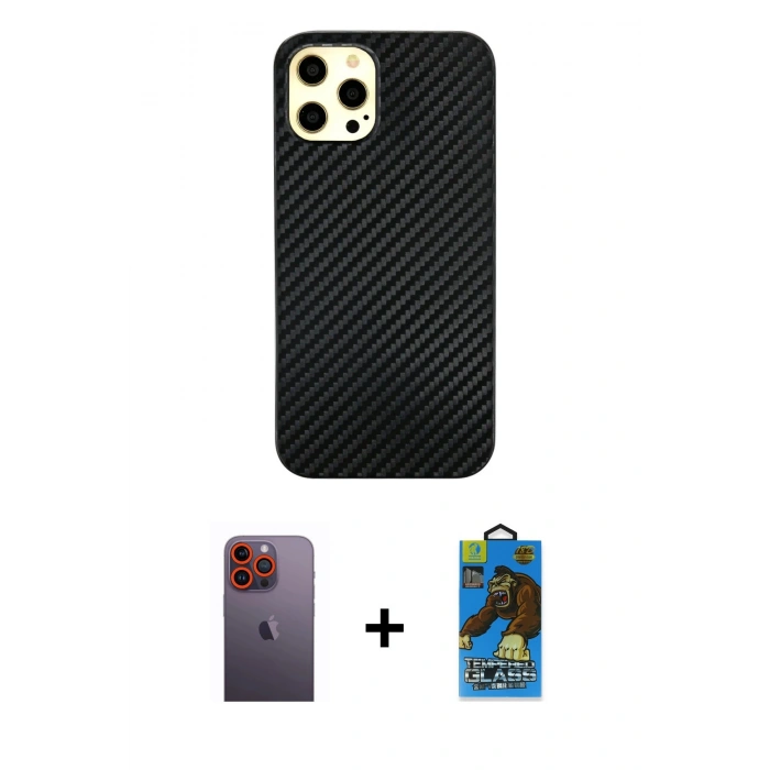 MARSİLYAN™- iPhone 12 Pro Max Kılıf Nova Çizgi - Siyah 18D Cam Ekran Koruyucu + Neon Fosforlu Kamera Lens - TU