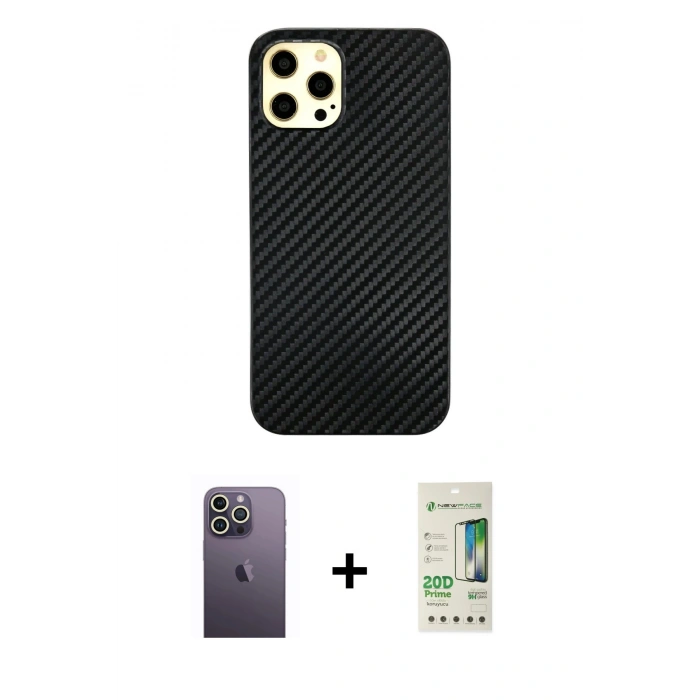 MARSİLYAN™- iPhone 12 Pro Max Kılıf Nova Çizgi - Siyah 20D Premium Cam Ekran Koruyucu + Neon Fosforlu Kamera Lens - BZ
