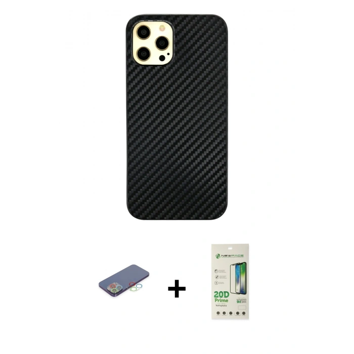 MARSİLYAN™- iPhone 12 Pro Max Kılıf Nova Çizgi - Siyah 20D Premium Cam Ekran Koruyucu + Renkli Kamera Lens Koruma Cam - MI