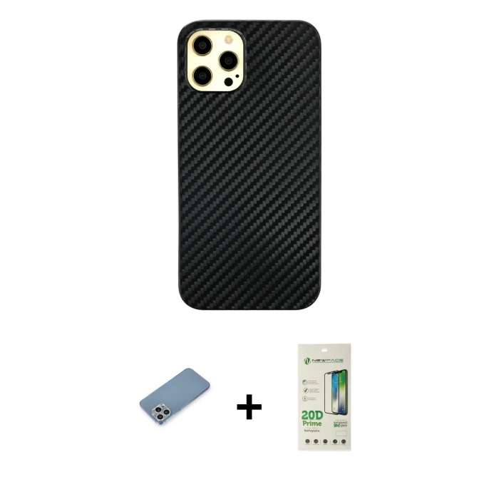 MARSİLYAN™- iPhone 12 Pro Max Kılıf Nova Çizgi - Siyah 20D Premium Cam Ekran Koruyucu + Shine Kamera Lens Koruma Cam - GS
