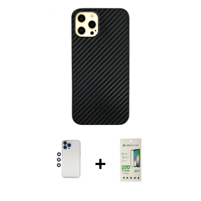 MARSİLYAN™- iPhone 12 Pro Max Kılıf Nova Çizgi - Siyah 20D Premium Cam Ekran Koruyucu + Shine Kamera Lens - LT