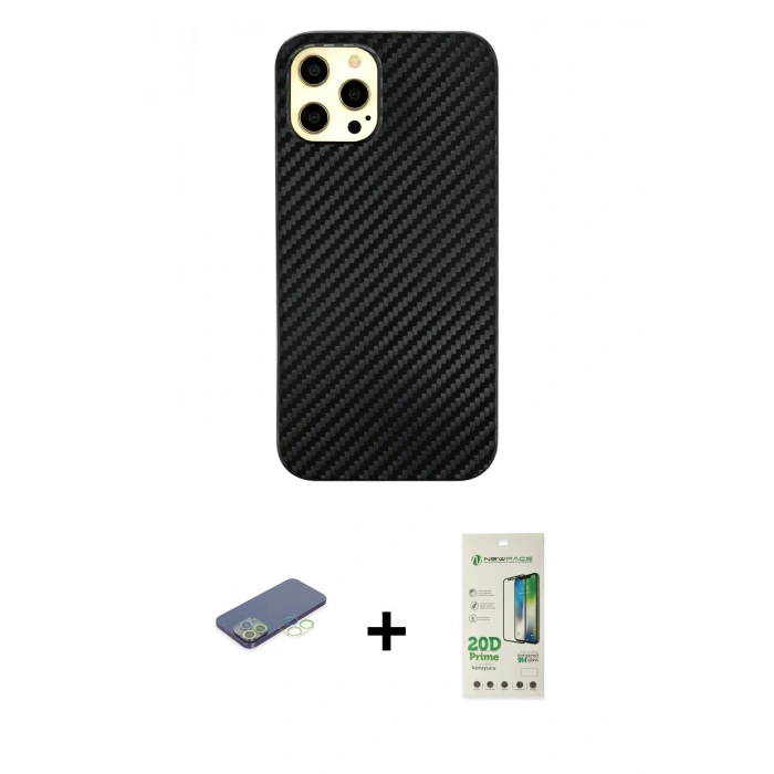 MARSİLYAN™- iPhone 12 Pro Max Kılıf Nova Çizgi - Siyah 20D Premium Cam Ekran Koruyucu + Yeşil Renkli Kamera Lens Koruma Cam