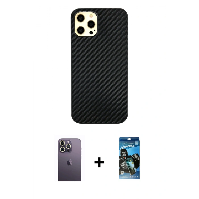 MARSİLYAN™- iPhone 12 Pro Max Kılıf Nova Çizgi - Siyah 34D Izgaralı Cam + Neon Fosforlu Kamera Lens - BZ