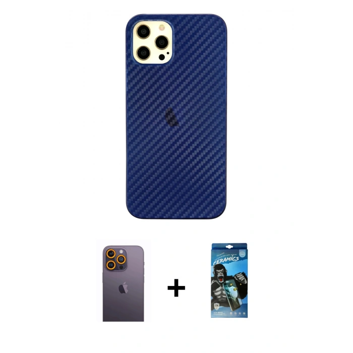 MARSİLYAN™- iPhone 12 Pro Max Kılıf Nova Çizgi - Siyah 34D Izgaralı Cam + Neon Fosforlu Kamera Lens - SI