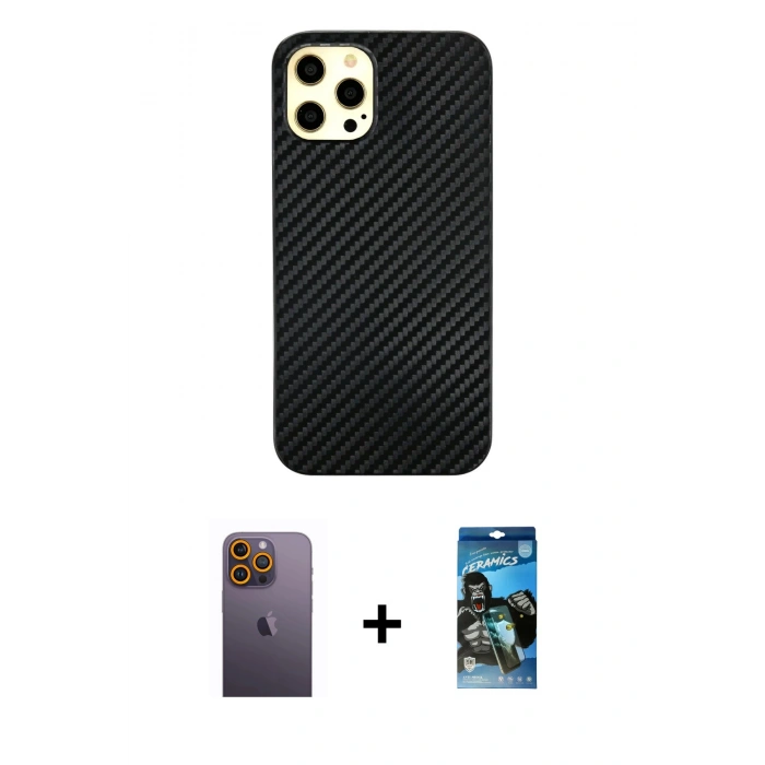MARSİLYAN™- iPhone 12 Pro Max Kılıf Nova Çizgi - Siyah 34D Izgaralı Cam + Neon Fosforlu Kamera Lens - SI