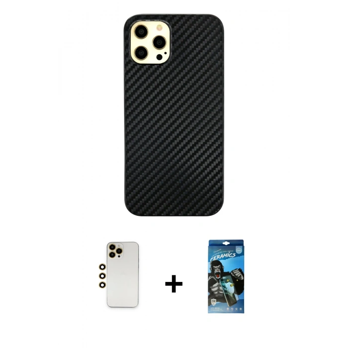 MARSİLYAN™- iPhone 12 Pro Max Kılıf Nova Çizgi - Siyah 34D Izgaralı Cam + Shine Kamera Lens - GD