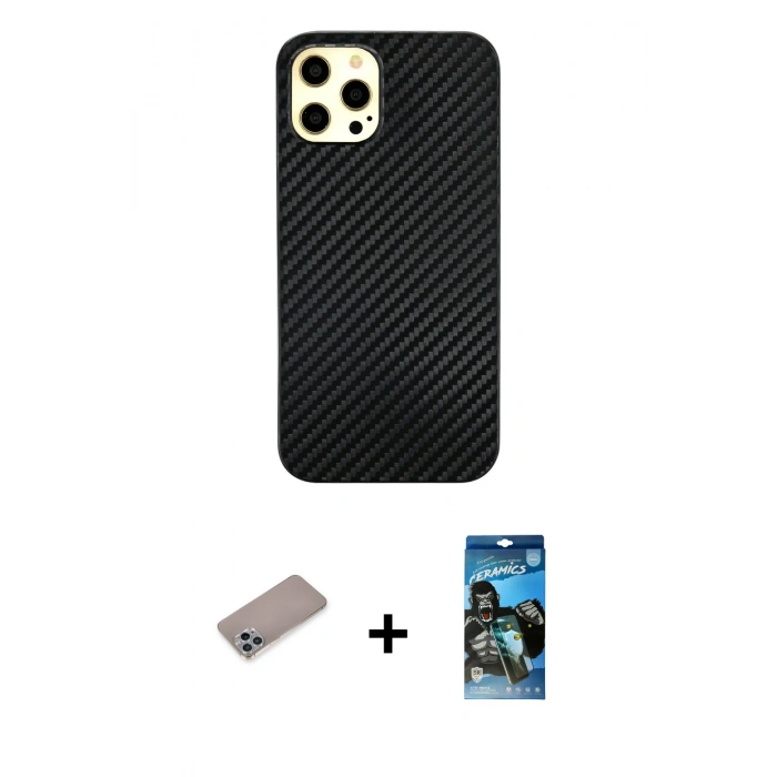 MARSİLYAN™- iPhone 12 Pro Max Kılıf Nova Çizgi - Siyah 34D Izgaralı Cam + Shine Kamera Lens Koruma Cam - SABE