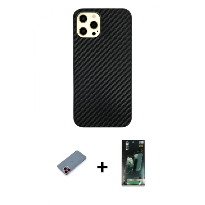 MARSİLYAN™- iPhone 12 Pro Max Kılıf Nova Çizgi - Siyah 360 Mat Full Body Arka Koruyucu + Metal Kamera Lens Koruma Cam - KI