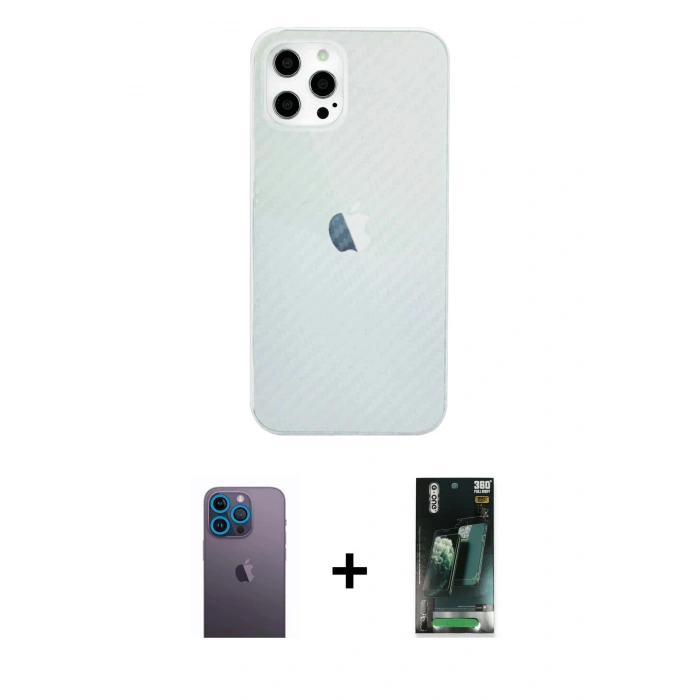 MARSİLYAN™- iPhone 12 Pro Max Kılıf Nova Çizgi - Siyah 360 Mat Full Body Arka Koruyucu + Neon Fosforlu Kamera Lens - MI