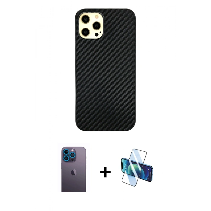 MARSİLYAN™- iPhone 12 Pro Max Kılıf Nova Çizgi - Siyah 3D Antistatik Cam Ekran Koruyucu + Neon Fosforlu Kamera Lens - MI