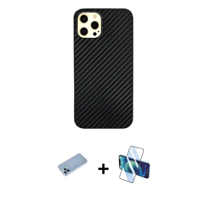 MARSİLYAN™- iPhone 12 Pro Max Kılıf Nova Çizgi - Siyah 3D Antistatik Cam Ekran Koruyucu + Shine Kamera Lens Koruma Cam - MI