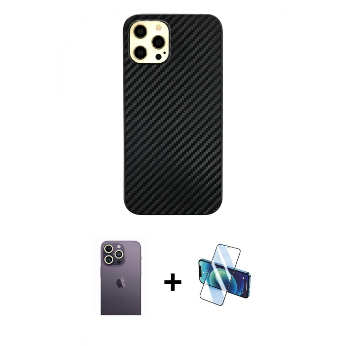 MARSİLYAN™- iPhone 12 Pro Max Kılıf Nova Çizgi - Siyah 3D Antistatik Cam Ekran Koruyucu + Neon Fosforlu Kamera Lens - BZ