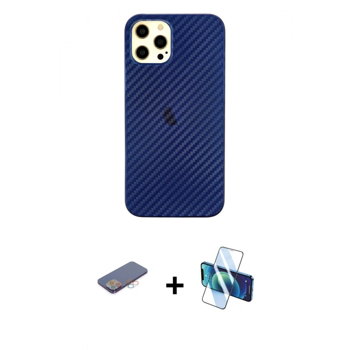 MARSİLYAN™- iPhone 12 Pro Max Kılıf Nova Çizgi - Siyah 3D Antistatik Cam Ekran Koruyucu + Renkli Kamera Lens Koruma Cam - PE