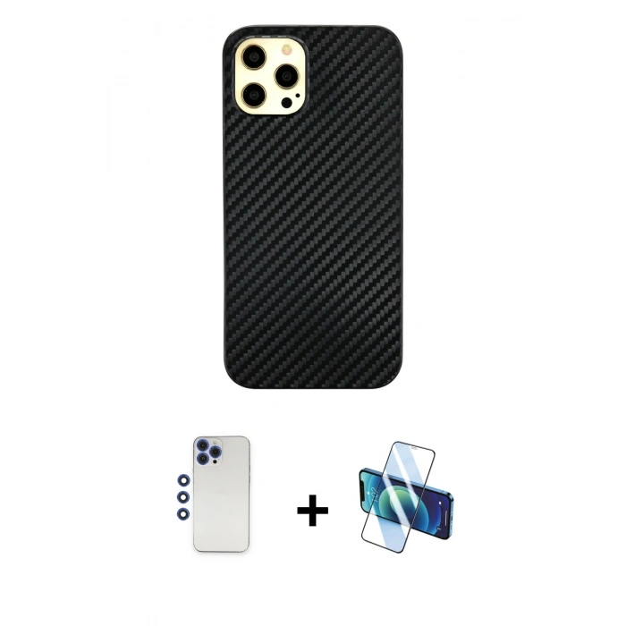 MARSİLYAN™- iPhone 12 Pro Max Kılıf Nova Çizgi - Siyah 3D Antistatik Cam Ekran Koruyucu + Shine Kamera Lens - LT